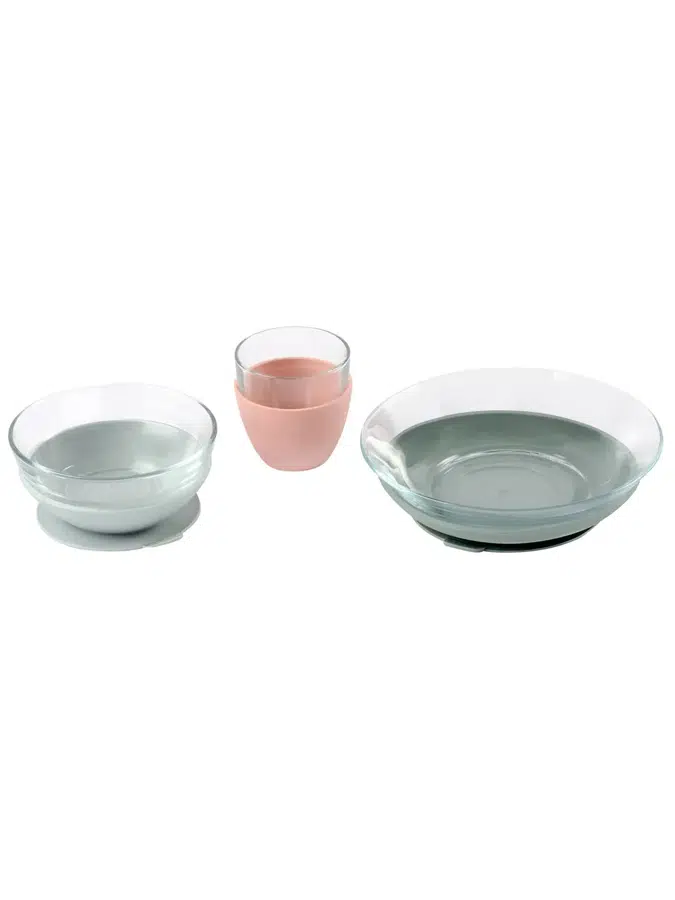 Набор посуды Beaba стеклянный: 2 тарелки, чашка Coffret Repas VERRE EUCALYPTUS 913487