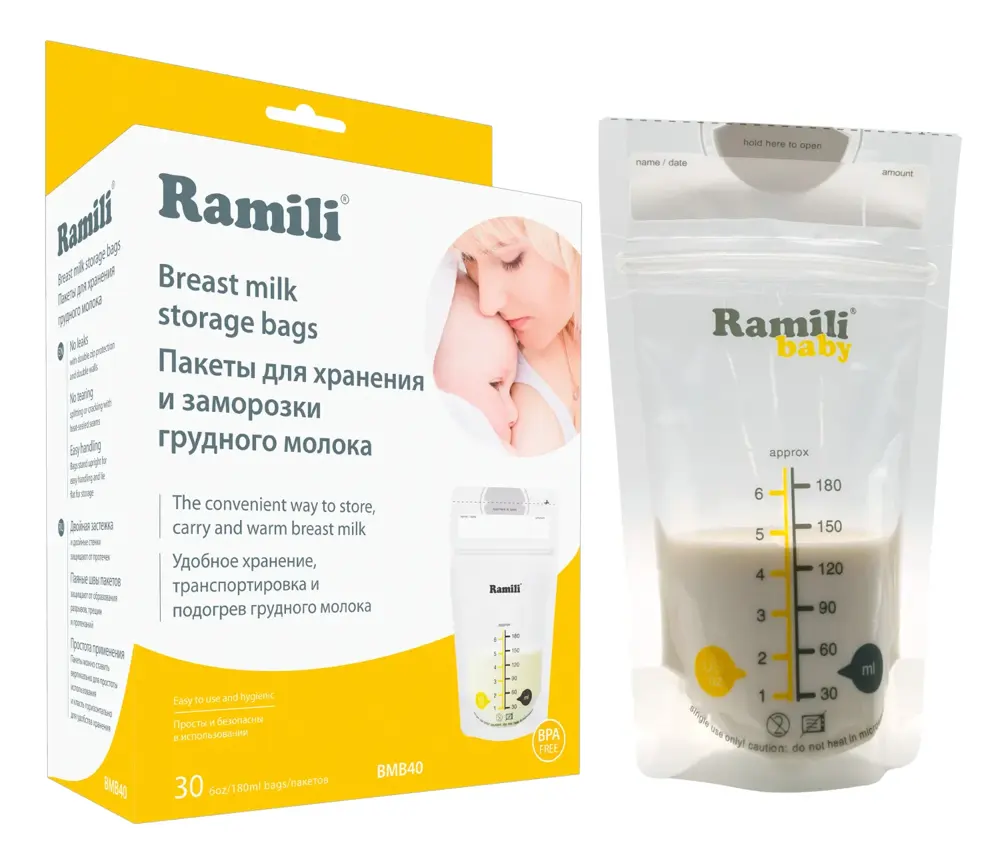 Пакеты Ramili Baby для грудного молока 30 пакетов * 180 мл BMB40