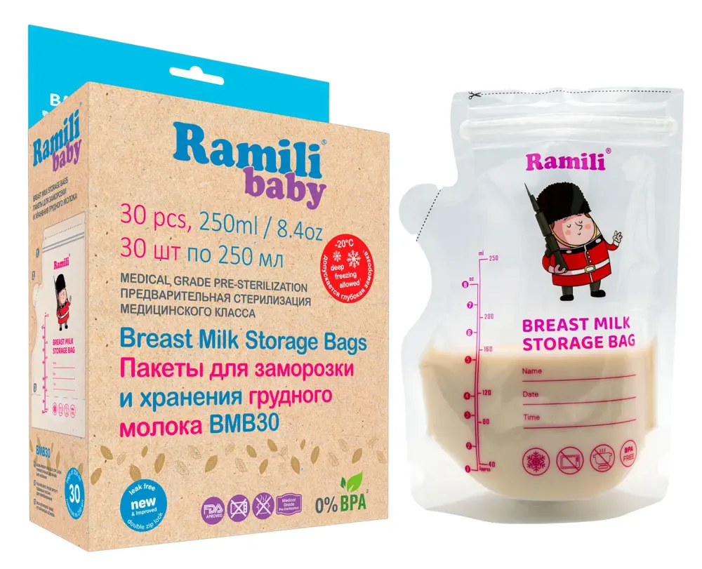 Пакеты Ramili Baby для грудного молока 30 пакетов * 250 мл BMB30