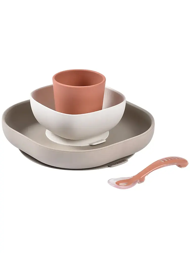 Набор посуды Beaba: 2 тарелки, стакан, ложка, силикон COFFRET REPAS TERRACOTTA 913602