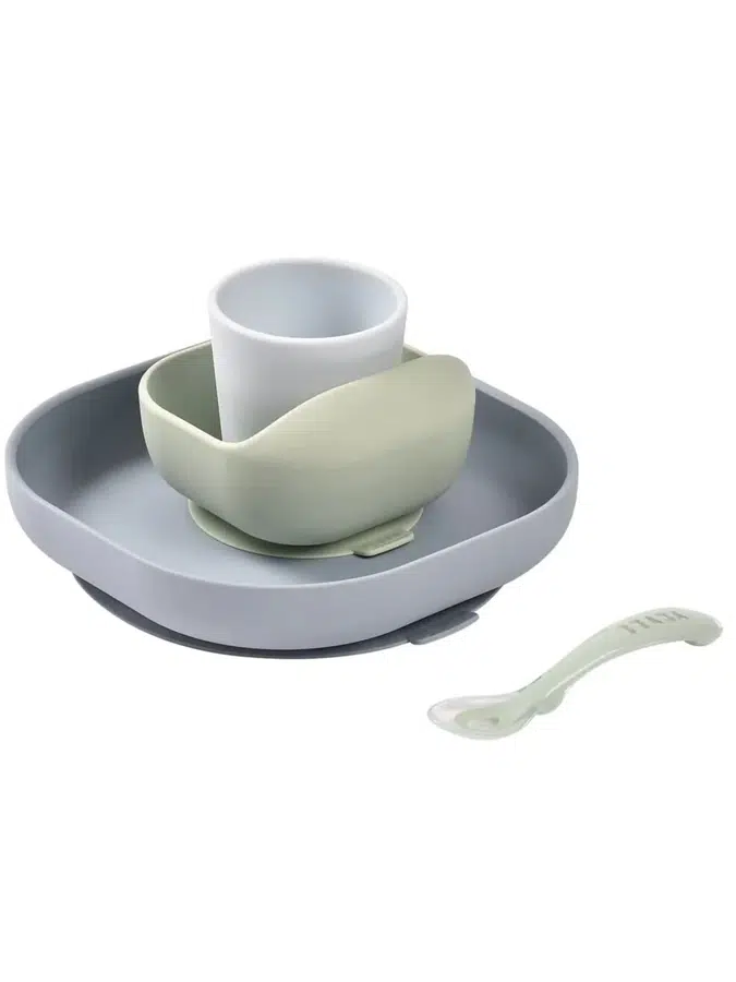 Набор посуды Beaba 2 тарелки, стакан, ложка Coffret Repas SILIC (4 шт) PEBBLE 913608