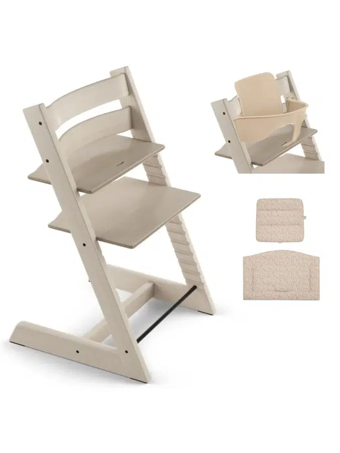 Стульчик Stokke Tripp Trapp Отбеленный (Whitewash) 100105 + Сиденье 6+ Натуральный (Natural) 650001 + Подушка Бежевый древесный (BeigeTimb) 690006