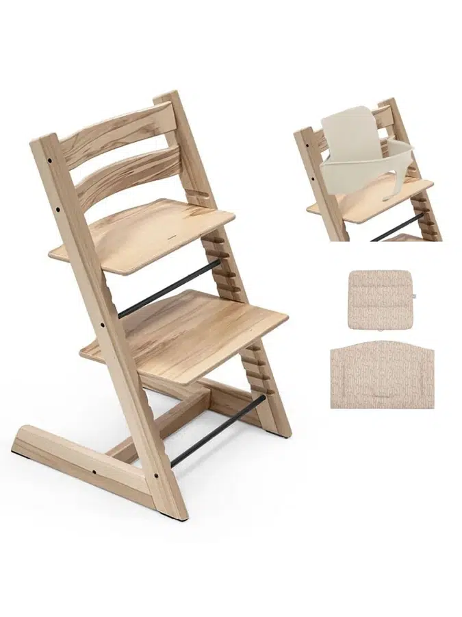 Стульчик Stokke Tripp Trapp Деревянный (Wild Wood) 100144 + Сиденье 6+ Ванильный (Vanilla White) 650011 + Подушка Бежевый древесный (BeigeTimb) 690006