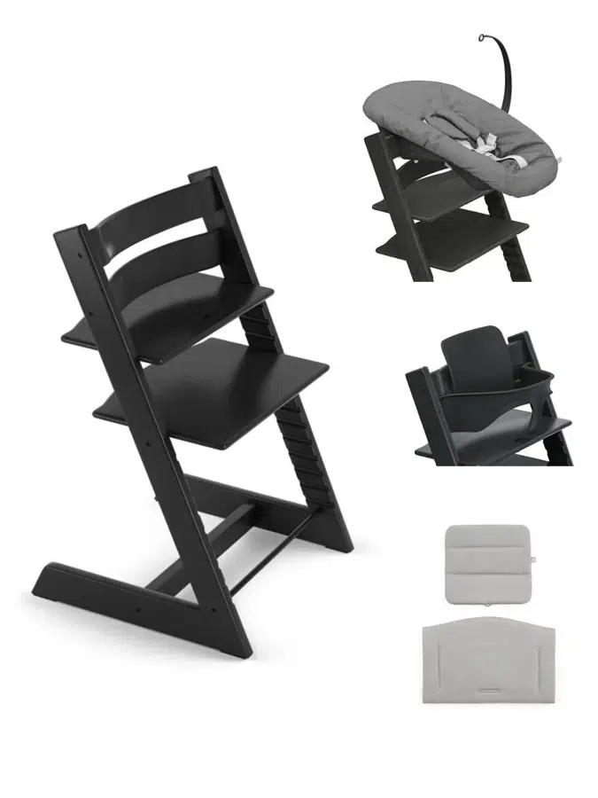 Стул Stokke Tripp Trapp Черный (Black) 100103, Сид-е 0+ Серый (Anthracite) 526104, Сид-е 6+ Черный (Black) 650002, Подушка Серый (Anthracite) 690001