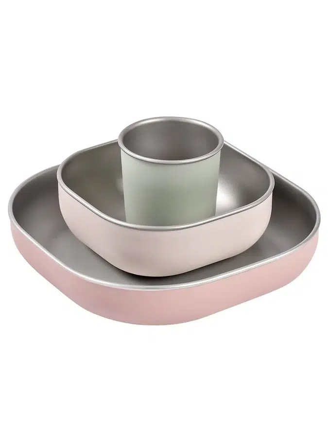 Набор посуды Beaba нерж. сталь: тарелка, миска, стакан STAINLESS MEAL SET РОЗОВЫЙ (COTON CANDY) 913637
